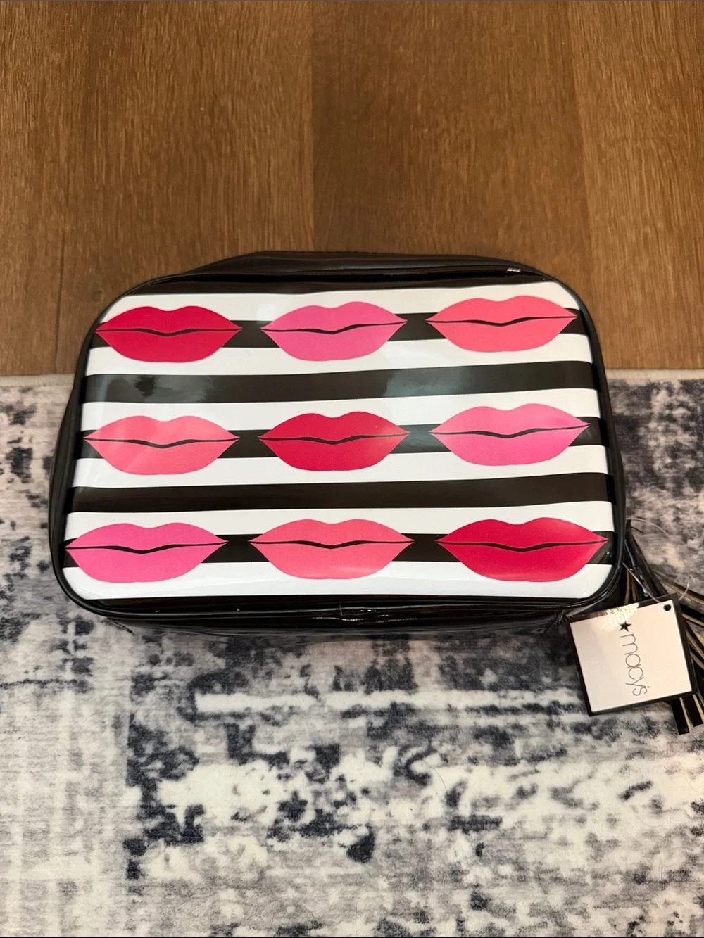 Macy's Black & White Stripe Cosmetic Case with Pink and Red Lips